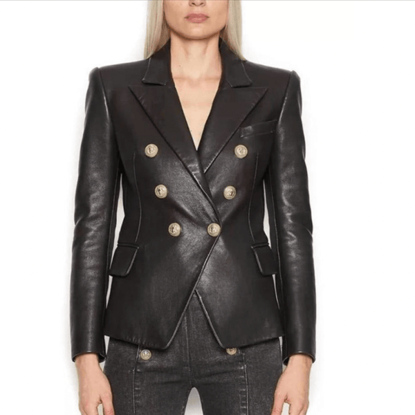 Mock Leather Blazer with Gold Lion Button - Shop Above Standard
