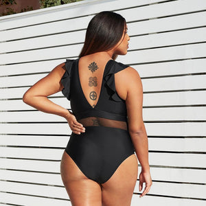 Black Mesh Waist V-neck Plus Size One Piece Swimsuit - Shop Above Standard