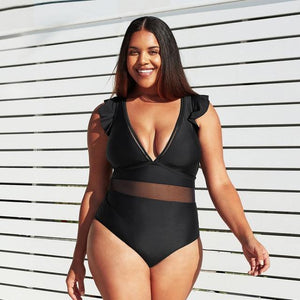 Black Mesh Waist V-neck Plus Size One Piece Swimsuit - Shop Above Standard