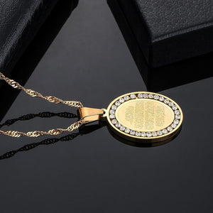 Quran Oval Coin Inscription Pendant Surrounded By Rhinestone - Shop Above Standard