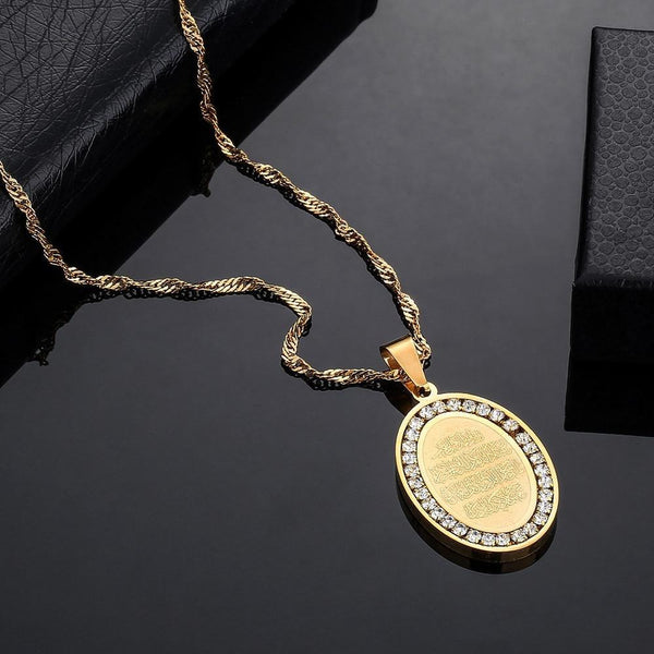 Quran Oval Coin Inscription Pendant Surrounded By Rhinestone - Shop Above Standard